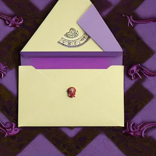 Prompt: close - up lilac envelope letter stamped with a wax seal with an octopus emblem, intricate hyper detailed ultra sharp, sharp focus, global illumination, painting, museum, masterpiece, vermeer, radiant light, alexandre ferra, irakli nadar, octane render, unreal engine, 4 k, ultra hd,