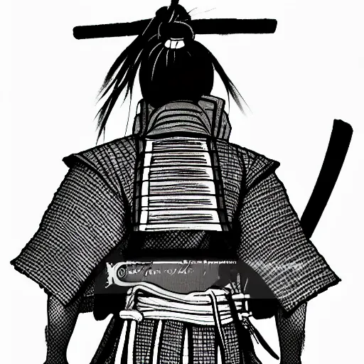 Prompt: A FULL BODY PORTRAIT FROM BEHIND OF A SAMURAI THAT HOLDS 2 KATANAS FROM MANGA VAGABOND, ,detailed, concept art, ink style , sketch black and white colors