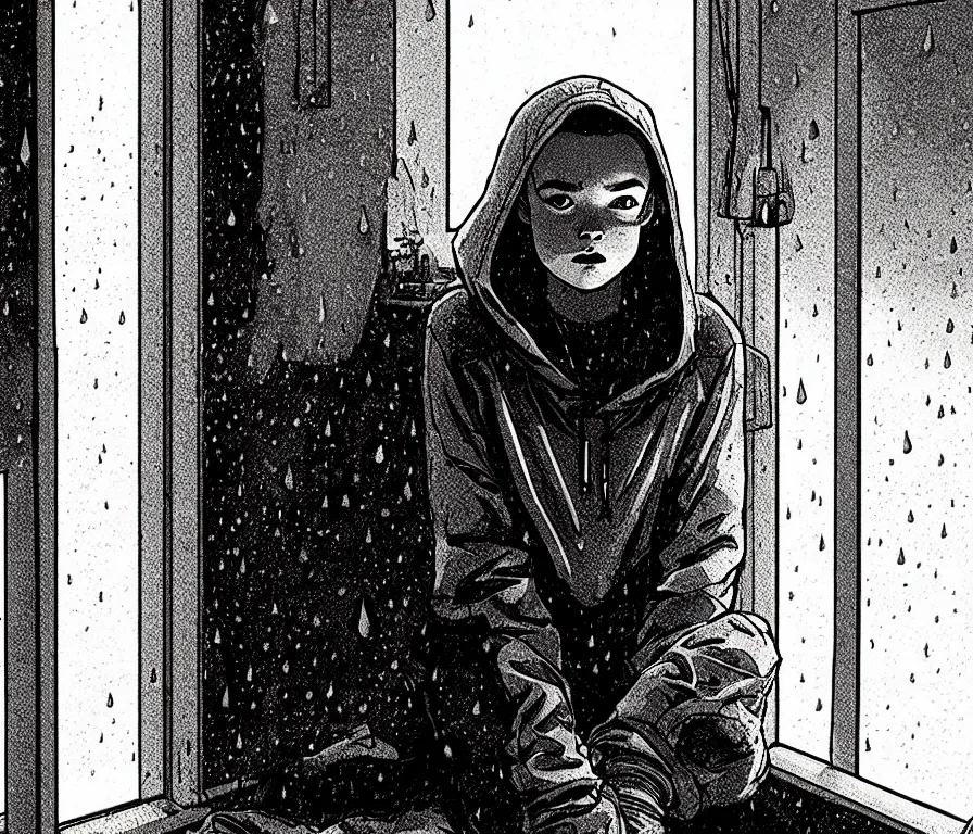 Prompt: sadie sink in hoodie sits on windowsill, knees tucked in | rain falls at night : storyboard, scifi cyberpunk. by gabriel hardman, joe alves, chris bonura. cinematic atmosphere, detailed and intricate, perfect anatomy