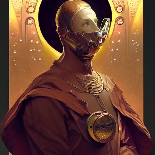 Image similar to portrait of the a holy man, spacesuit, vivid eyes, real life skin, intricate, elegant, highly detailed, artstation, concept art, smooth, sharp focus, art by artgerm and greg rutkowski and alphonse mucha