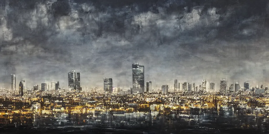 Image similar to an epic painting of the skyline of Tel Aviv in a future dystopian world, dark vibe,