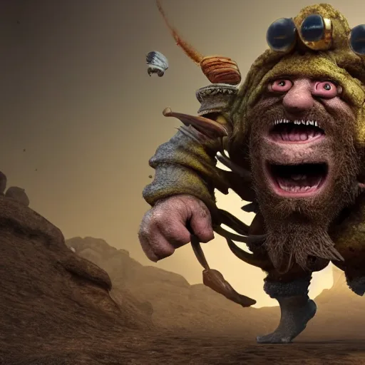 Prompt: highly detailed octane render of a short fat ugly man with a giant beard wearing goggles and armour and screaming and running in a cave whilst being chased by large insects