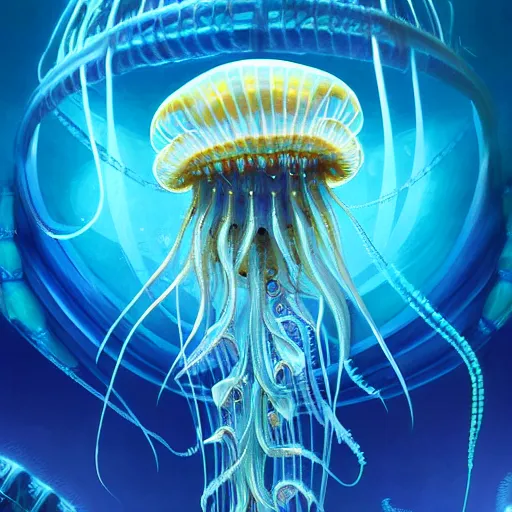 Prompt: Panorama hyper detailed painting of a cyberpunk jellyfish, blue tones, underwater, 8 mm, highly detailed, digital painting, artstation, concept art, smooth, sharp focus, illustration, art by artgerm and greg rutkowski and alphonse mucha W 2000