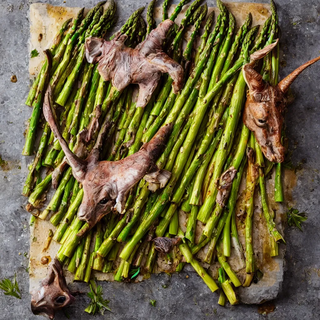 Prompt: roasted unicorn head served with green asparagus. 4 k food photography, image from bbc good food magazine