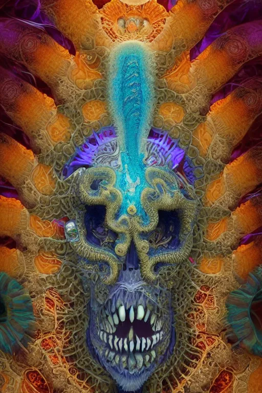 Image similar to 3 d goddess fractal close - up frontal portrait with ram indian flag skull. beautiful intricately detailed indian fractal mask. betta fish, jellyfish fractal, bio, india luminescent, plasma, ice, water, wind, creature, mandelbulb, fractal, artwork by tooth wu and wlop and beeple and greg rutkowski