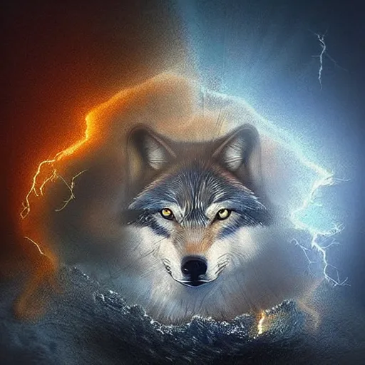 Prompt: wolf in thunderstorm, lightning, fire, water, realistic.