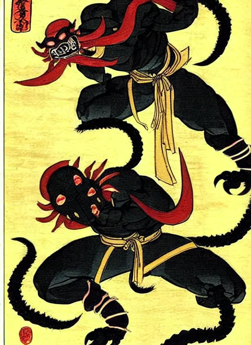 Image similar to mortal kombat's scorpion as a yokai illustrated by kawanabe kyosai and toriyama sekien