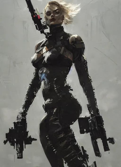 Image similar to Margot Robbie wearing metal gear armor holding gun dramatic lighting art by Yoji Shinkawa by Richard Schmid by greg rutkowski by Sandra Chevrier by Jeremy Lipking cinematic dramatic