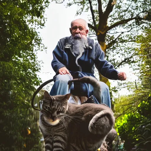 Image similar to portrait of an elderly man riding a cat, canon eos r 3, f / 1. 4, iso 2 0 0, 1 / 1 6 0 s, 8 k, raw, unedited, symmetrical balance, wide angle