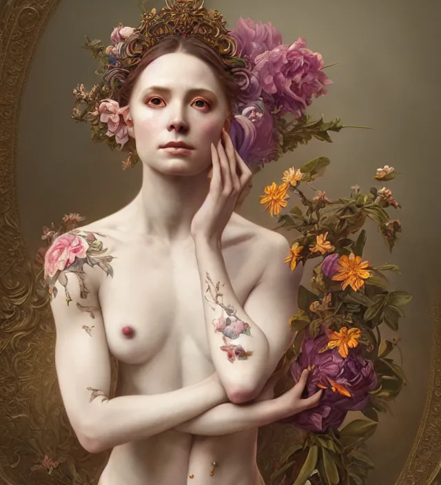 Image similar to baroque portrait of a icelandic princess of porceline skin, full body floral tattoos, cinematic lighting, photorealistic, octane render, 8 k, depth of field, art by artgerm and greg rutkowski and alphonse mucha and uang guangjian