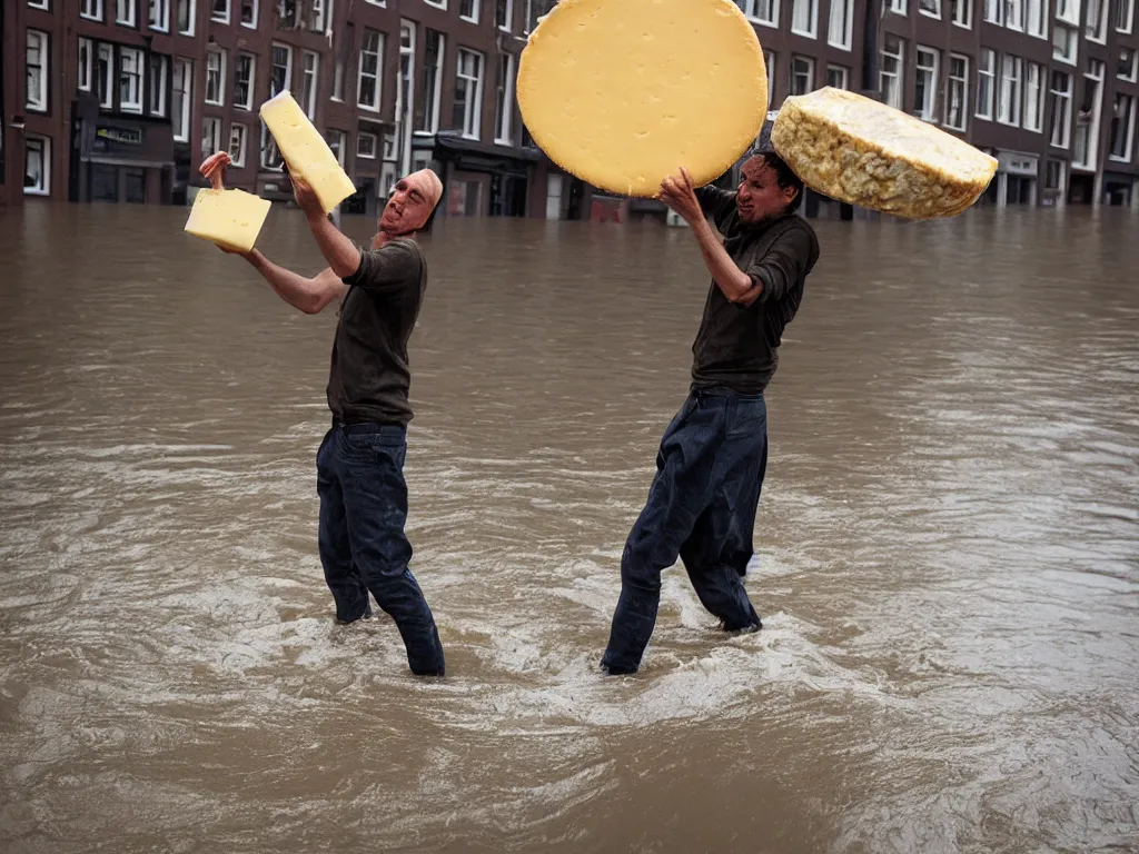 Image similar to closeup potrait of a man carrying a wheel of cheese over his head in a flood in Amsterdam, photograph, natural light, sharp, detailed face, magazine, press, photo, Steve McCurry, David Lazar, Canon, Nikon, focus