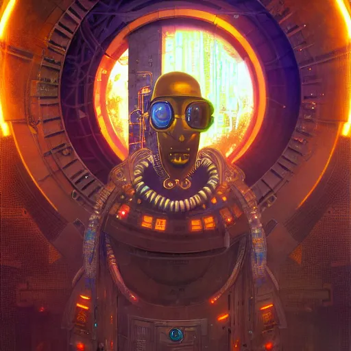 Image similar to a dogon cyberpunk hacker, steampunk stargate by greg rutkowski and android jones in a surreal portrait style, oil on canvas, ancient cyberpunk 8k resolution