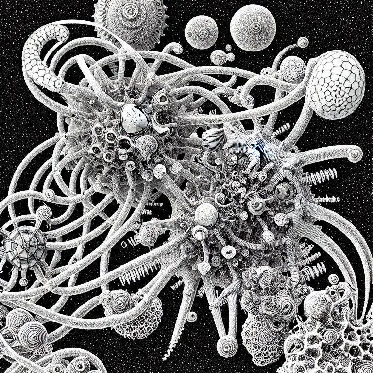 Prompt: a black and white drawing of a variety of sea life and filled with gundam mech equipment space station, a microscopic photo by ernst haeckel, zbrush central, kinetic pointillism, intricate patterns, photoillustration