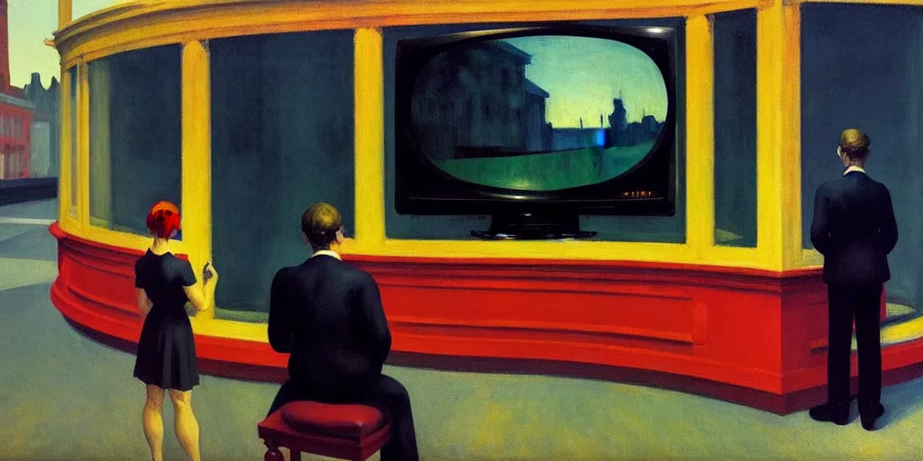 Image similar to edward hopper painting of a crt television broadcasting propaganda outside of the screen, lots of people standing around with no eyes. one normal person with eyes, a young man, frightened about what is going on around him s 1 5 0