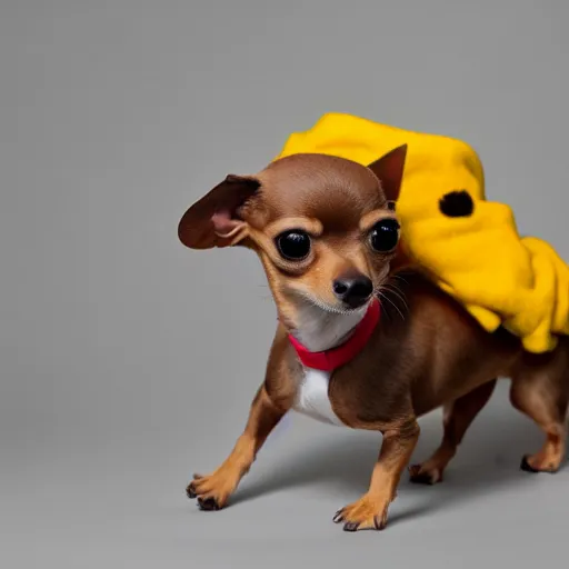 Prompt: photo of mini brown chihuahua in a bowser costume. Post processing , award winning , masterpiece , photo realistic