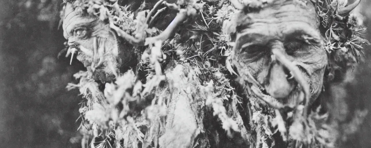 Image similar to 1920s portrait photography of an alpine old farmer transforming into a monster, edelweiss growing out of his face, goat horns on his head