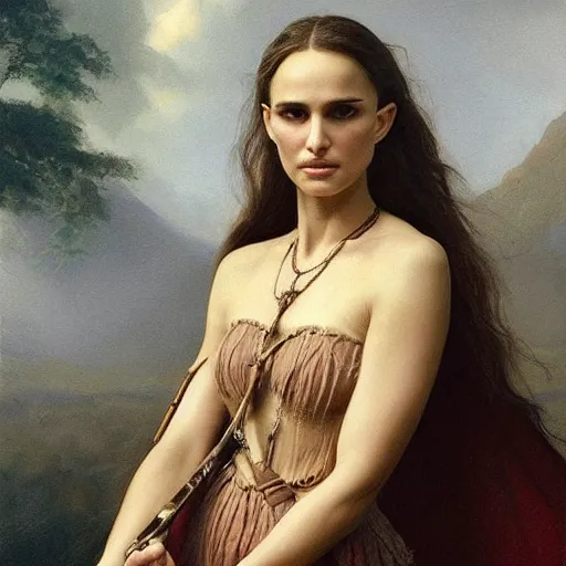 Prompt: portrait of natalie portman as a Druid, painting by ludwig deutsch and rudolf ernst, lost civilizations, long dark hair, beautiful, mystical, dramatic cinematic lighting, sharp focus, smooth, sharp focus, extremely detailed,