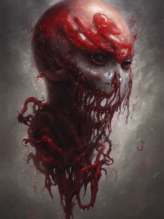 Prompt: painting by greg rutkowski of a flying sorrowful looking severed human head with tears running down it's eyes, face that is chalk white in color, with long sprawling white tentacles stemming down it's neck, fiery scorching red eyes, flying in a terrying hellish dark cavernous place