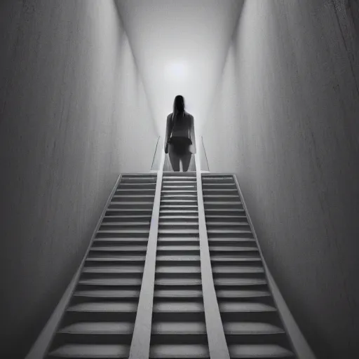 Prompt: floating pale face in a dark endless staircase, nightmare, realistic, ultra - detailed