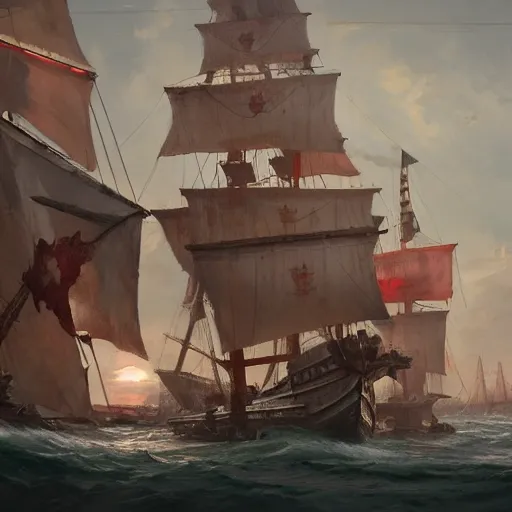 Prompt: masterpiece of a crimson hull and white sails three mast brigantine pirate ship docked in a xix century port, by greg rutkowski and noah bradley, trending on artstation