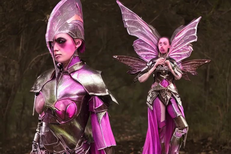 Prompt: pink iridescent battle armor on a fairy by eiko ishioka, 8K, detailed, HD, fairytale, dark tones, horror film, scary, matte painting, fantasy, full of colors, CGSociety, matte painting, realistic materials, photo-realistic, postprocessing, realistic, cinematic style, 35mm