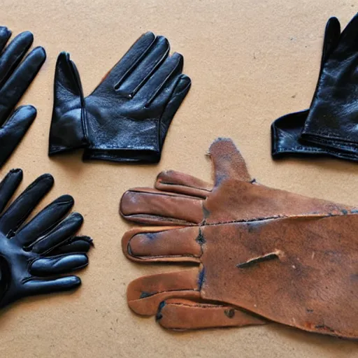 Image similar to equipment cutout, gloves, damaged and tattered, deteriorated fine leather gloves