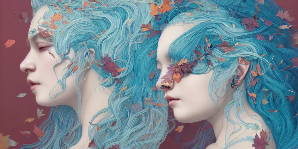 Image similar to breathtaking detailed concept art painting pattern of blue hair faces goddesses amalgamation autumn leaves with anxious piercing eyes, by hsiao - ron cheng and james jean, pastel colors, bizarre compositions, exquisite detail, 8 k