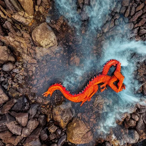 Image similar to nature photograph of a mythological dragon bathing in lava, cryptid, unexplained phenomena, drone photography, 8k