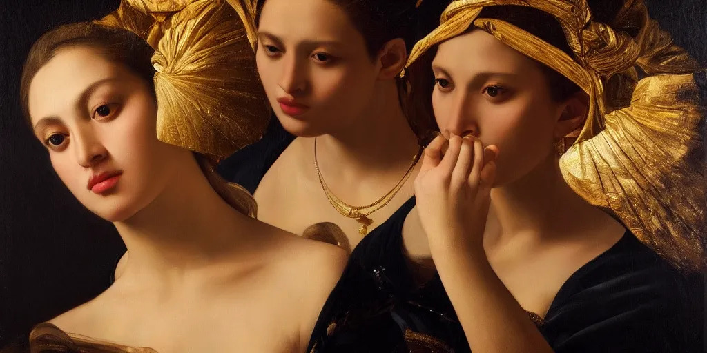 Image similar to beautiful oil matte portrait painting, women with gold skin showered with diamonds, wonderful masterpiece highly detailed, beautiful cinematic light deep focus, elegant, digital painting, smooth, sharp focus, golden ratio, dramatic illumination, ultra realistic, 8 k, art by artemisia lomi gentileschi and caravaggio