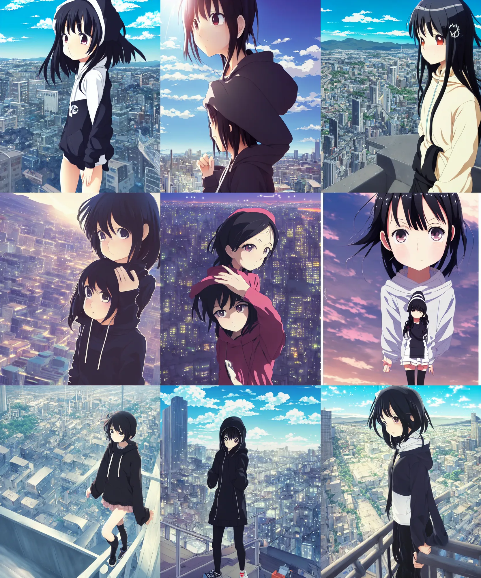 Prompt: anime visual, portrait of a young black haired girl wearing hoodie sightseeing above the city, guardrail, cute face by yoh yoshinari, katsura masakazu, dramatic lighting, dynamic pose, dynamic perspective, strong silhouette, ilya kuvshinov, anime cels, 1 8 mm lens, fstop of 8, rounded eyes, moody, detailed facial features