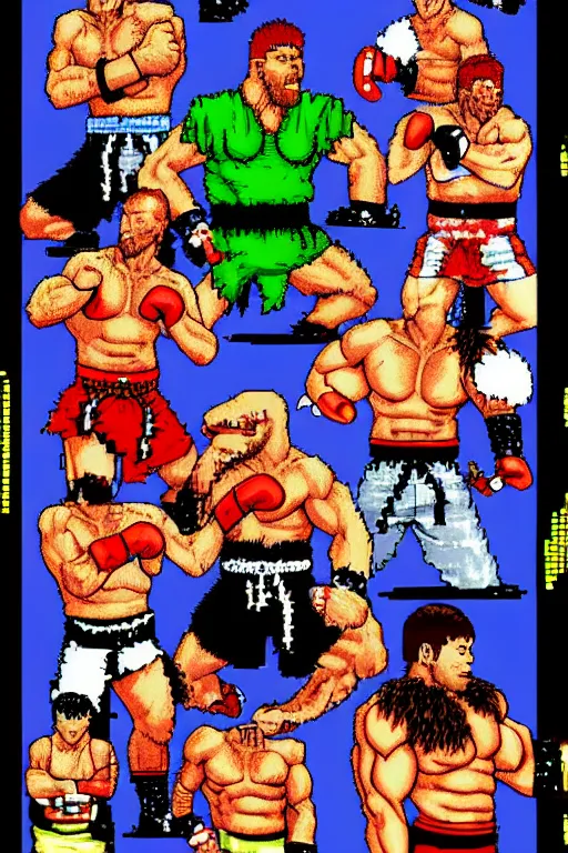 Image similar to extreme long shot. 8 bit nes graphics. hermann nitsch. antropomorphic muscular masculine wolf. kickboxer fighter, in shorts. wolf head. art from nes game cartridge,