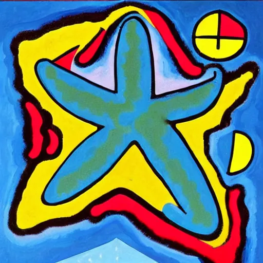 Prompt: a painting of a giant carob starfish with the words carob and starfish in big letters. art by picasso and a little by kandinsky