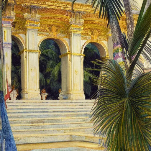 Image similar to a ultradetailed beautiful painting of the amazonas palace balustrade designed by jules bastien - lepage, hans belmer, frank weston and gustave baumann, beach, trending on artstation, mediterranean, palm trees, refracted color sparkles, sharp focus, soft light, 8 k 4 k