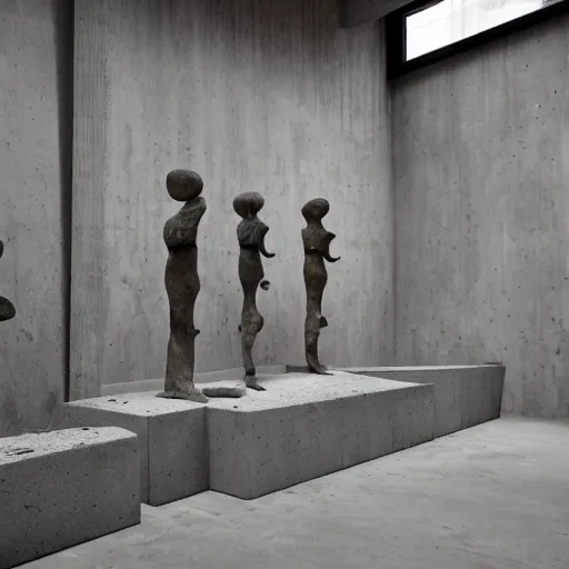 Image similar to sculptures in a brutalist museum