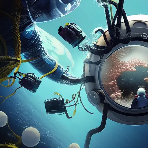 Image similar to In the underwater depths of an alien planet, an astronaut dives and explores this new world