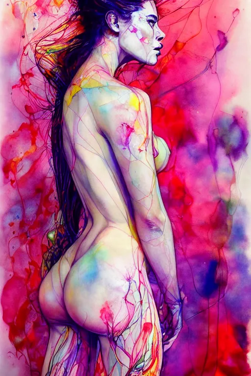 Image similar to sophia vergara by agnes cecile enki bilal moebius, intricated details, 3 / 4 back view, bendover posture, full body portrait, extremely luminous bright design, pastel colours, drips, autumn lights