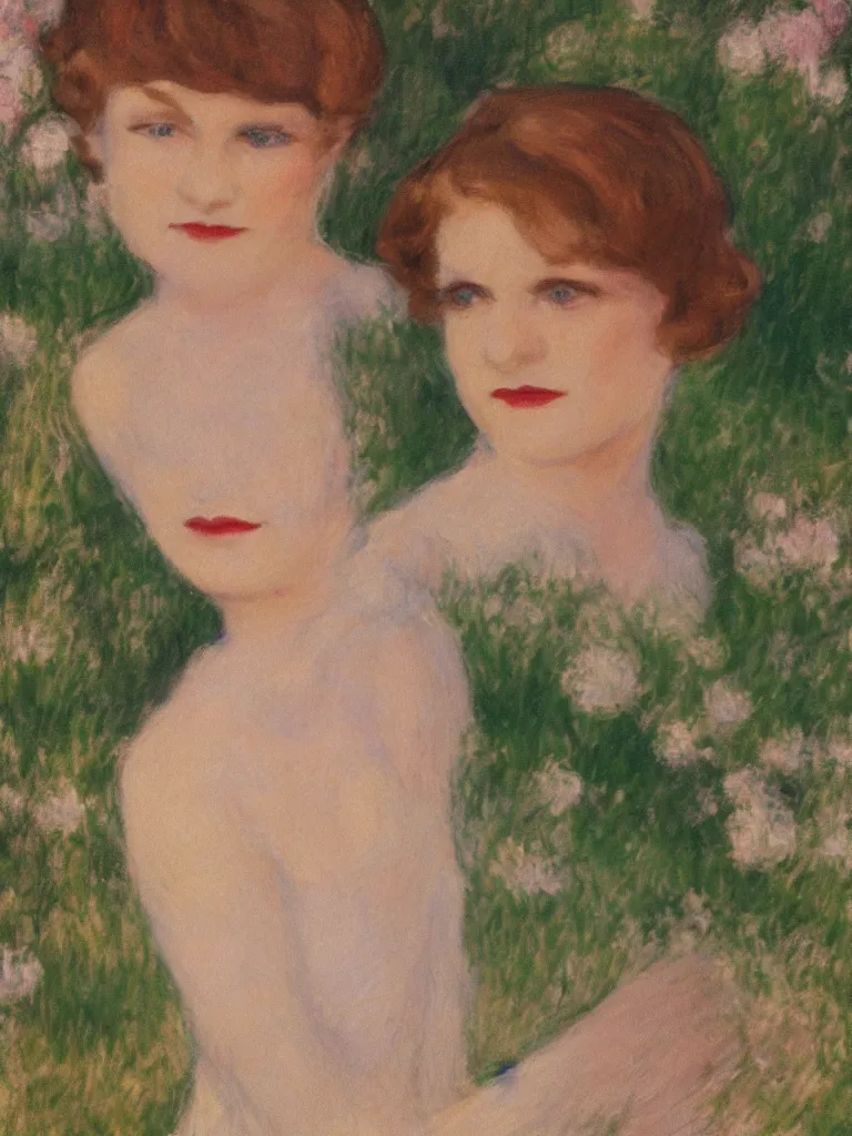 Image similar to zelda fitzgerald as a beautiful young girl, wearing 1 9 2 0 s fashion, brown hair, slim, fair, turning her head and smiling, in the sun, out of focus, backlit, close up, oil on canvas, by monet, in the style of le promenade