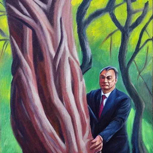 Image similar to viktor orban protecting a tree, oil painting