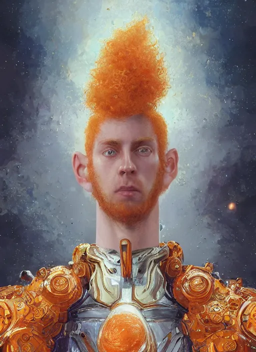 Prompt: masterpiece artwork of a curly orange hair man with cosmic armor, au naturel, hyper detailed, digital art, trending in artstation, cinematic lighting, studio quality, smooth render, unreal engine 5 rendered, octane rendered, art style by klimt and nixeu and ian sprigger and wlop and krenz cushart