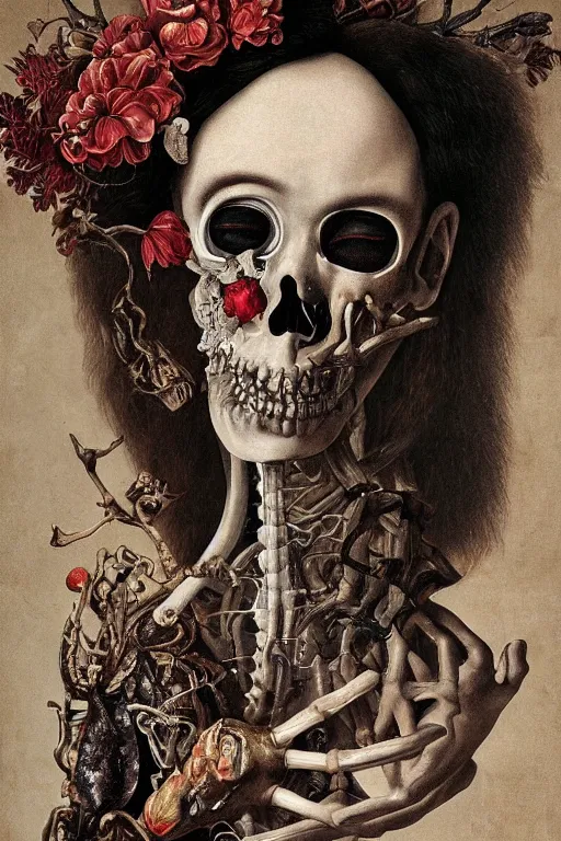 Image similar to Detailed maximalist portrait with large lips and eyes, scared, botanical skeletal with extra flesh, HD mixed media, 3D collage, highly detailed and intricate, surreal illustration in the style of Caravaggio, dark art, baroque