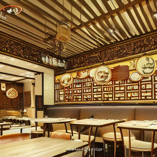 Image similar to a beautiful hyperdetailed interior 4 k hd wallpaper illustration of roasted string hotpot restaurant restaurant yan'an, corner, simple style, wall painting, from china, with merchant logo, fine delicate structure, surrealistic, chinese style, victo ngai