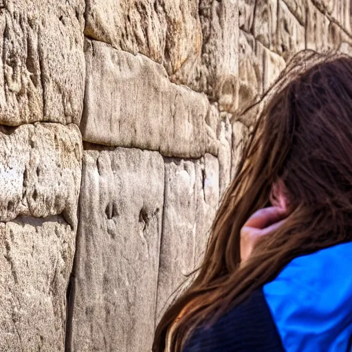 Prompt: photo of a bison, at the Wailing Wall in Jerusalem, religious people, crowds, 50mm, beautiful photo