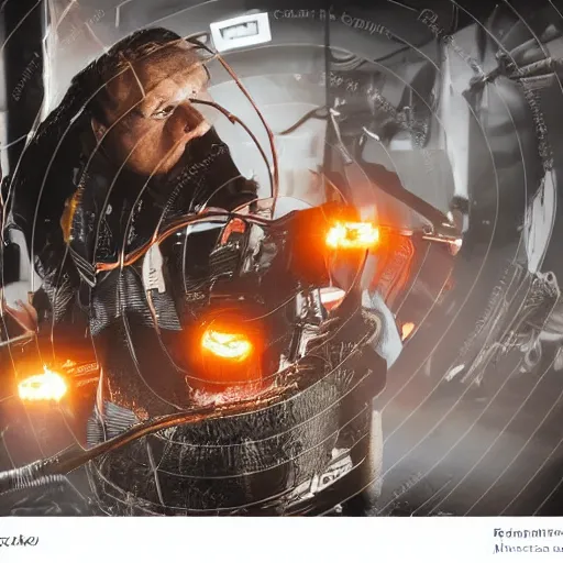 Image similar to half rusted old egg beater half stun - gun, balding older cyborg repairing, red hot soldering iron, dark messy smoke - filled cluttered workshop, dark, dramatic lighting, orange tint, cinematic, highly detailed, sci - fi, futuristic, movie still from blade runner