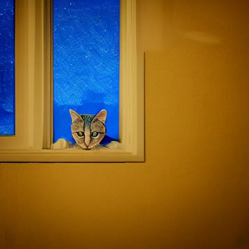 Image similar to The blue cat looking out of the window at night