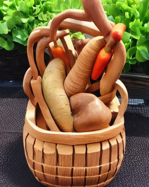 Image similar to wooden carving statue of a basket of vegetables, product picture, ebay listing thumbnail