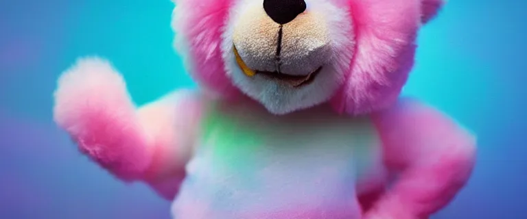 Image similar to a teddy bear with transparent skin painted by Mike Winkelmann, fluffy clouds, pink girl, cotton candy, dreamy soft, rainbow