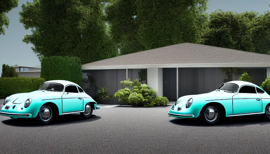 Prompt: EICHLER home, by Asher Durand, photorealistic, PORSCHE 356, intricate artwork, octane render, cinematic, hyper realism, driveway, octane render, 8k, depth of field, bokeh. iridescent accents, vibrant.-H 704