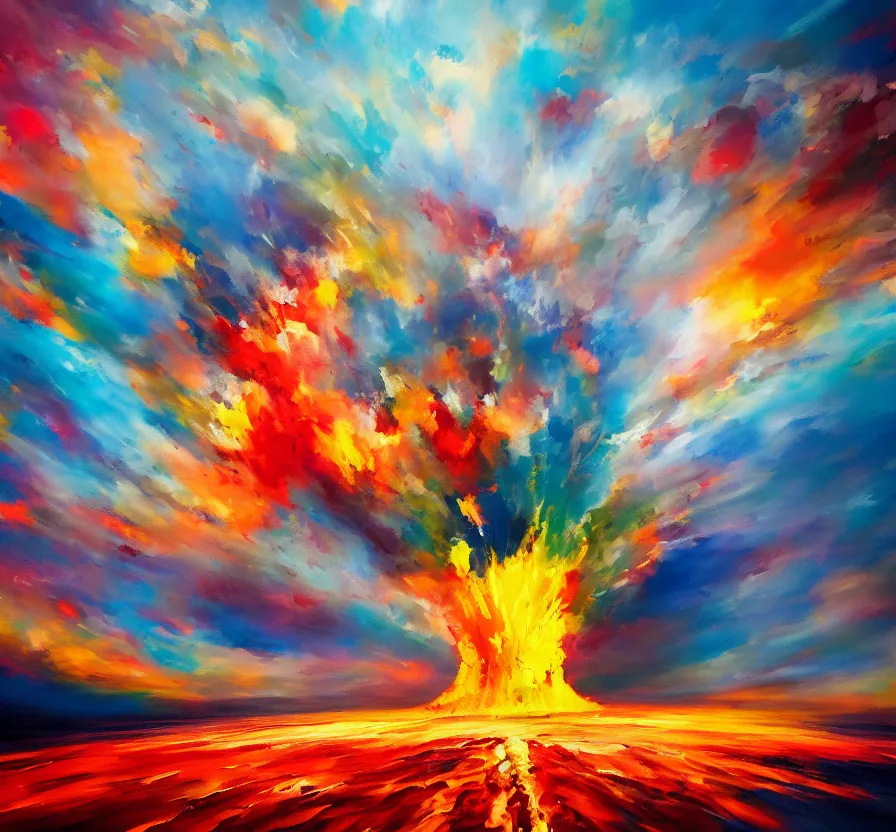 Image similar to nuclear explosion, abstract, acrilic paint, brush paint, heavenly atmosphere, paint, ultra detailed, beautiful image, resolution, artstation