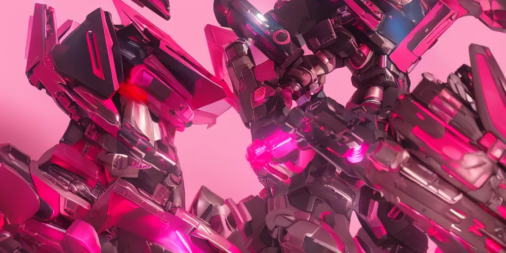 Image similar to isometric of female gundams in pink and red collection, intricate mechanical details, futuristic, y 2 k aesthetic, dramatic lighting, 4 k, 3 d octane render, provenance, detailed, trending on artstation