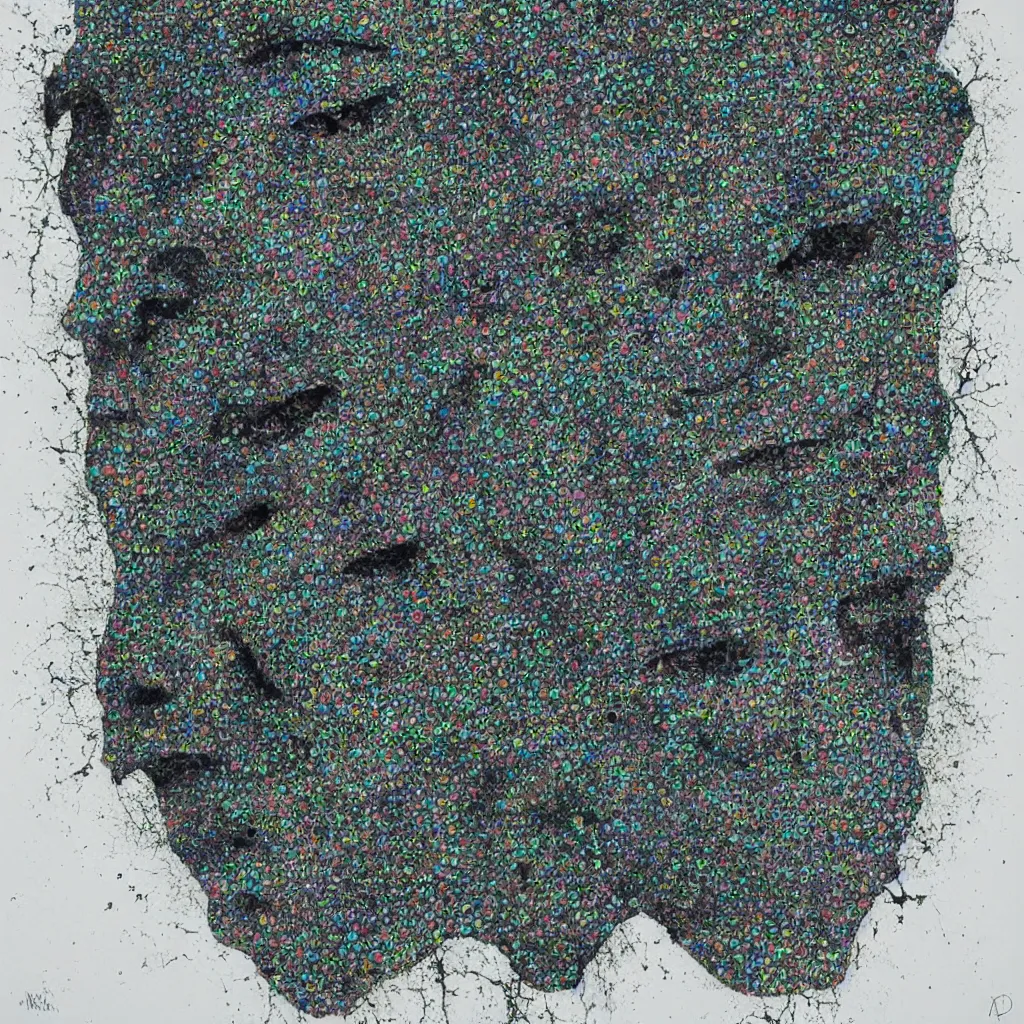 Image similar to camo made of out teeth, smiling, abstract, maya bloch artwork, do hoang tuong artwork, cryptic, dots, stipple, lines, splotch, concrete, color tearing, uranium, neon, pitch bending, faceless people, dark, ominous, eerie, minimal, points, technical, painting